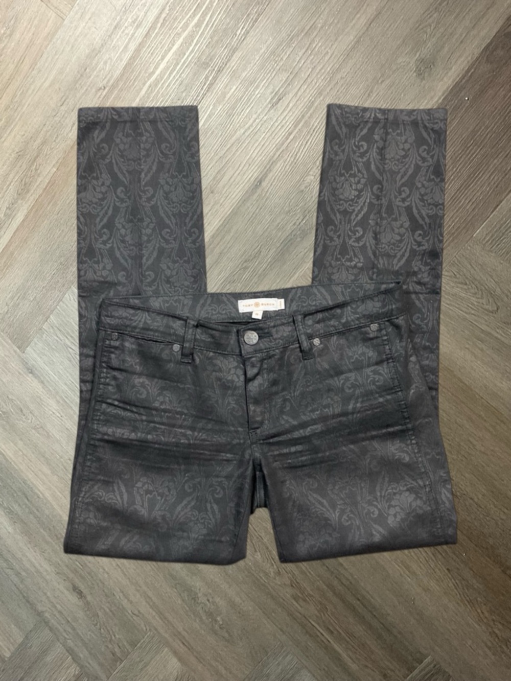 Tory Burch Baroque Jacquard Skinny Stretch Pants Womens 26 Black Designer Classy
